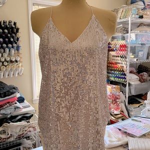 Shoulder-baring, sequined, dressy top. Thin straps. Curved hem. Fully lined. NWT